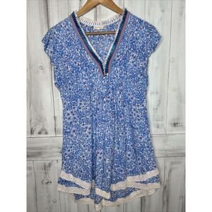 POUPETTE ST BARTH BLUE FLORAL CROCHET SASHA PLEATED FLUTTER SLEEVE MINI DRESS XS
